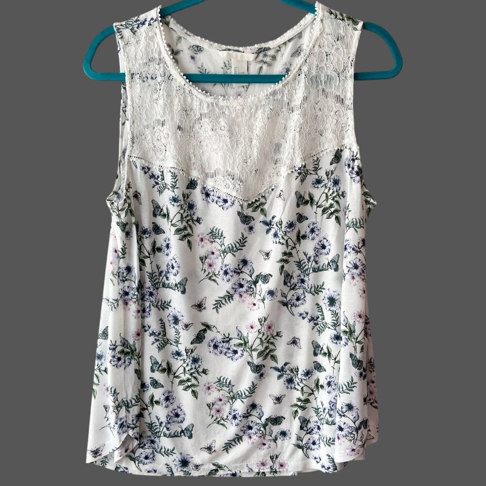 H&M Women's White Floral Tank Top with Lace Front Size Large